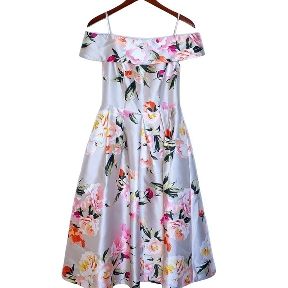 ELIZA J NWT Floral Off the Shoulder Mikado Dress Size 4 in Multi Floral Print - Picture 3 of 16